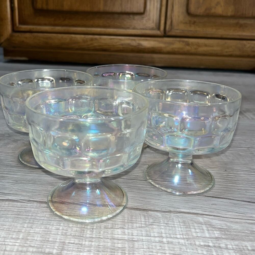 Vintage 4pc Aurora Iridescent Footed Dessert Cups Thumbprint Optic Federal Glass - Picture 5 of 9